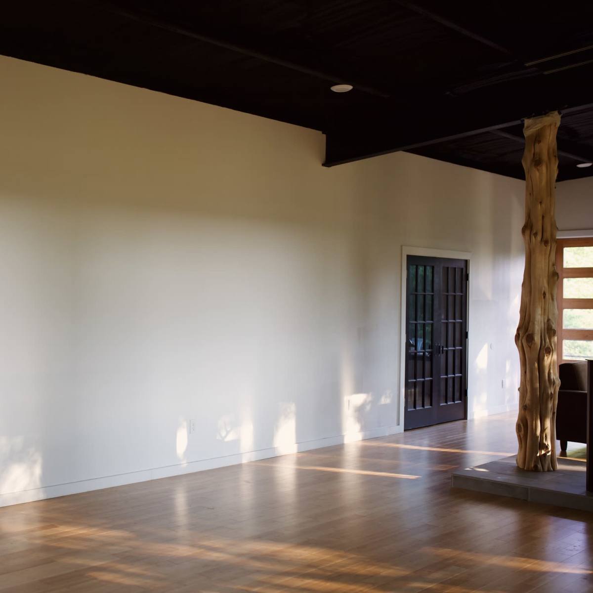 A spacious room with a blank white wall, wooden flooring, and a door leading outside.