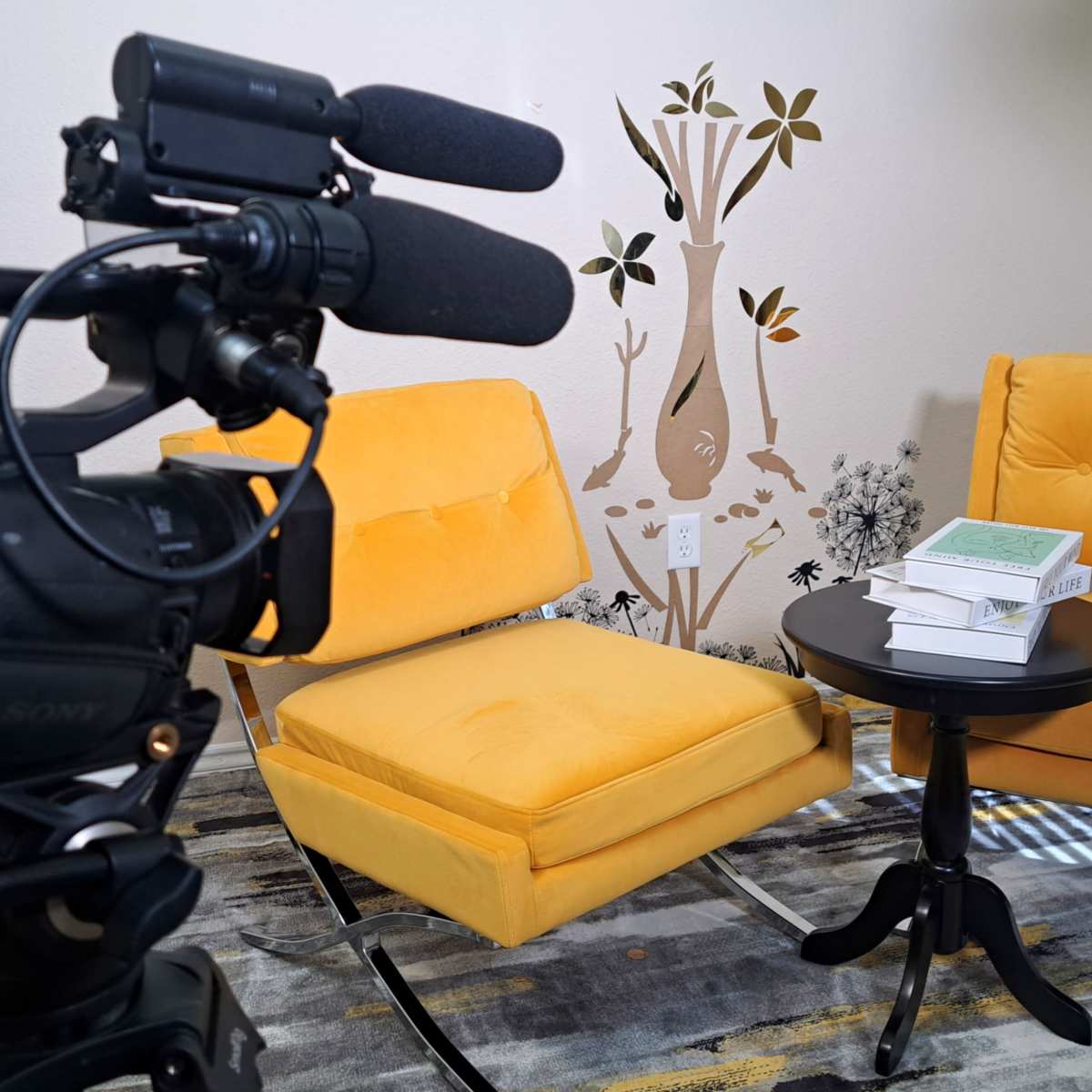 A video camera points at a small table stacked with books, flanked by two yellow armchairs, against a wall decorated with a tree mural.