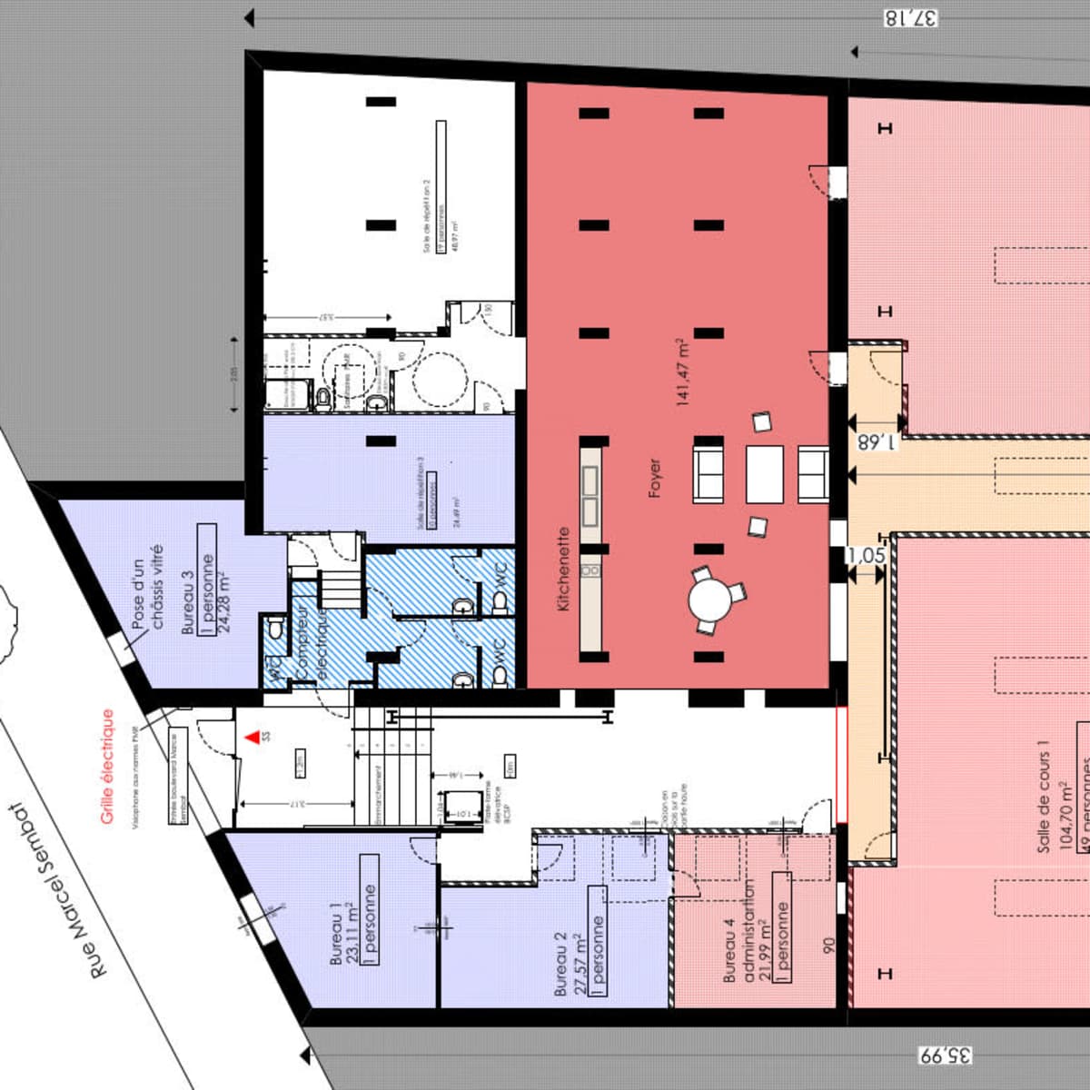 A floor plan of a building with labeled rooms and dimensions.