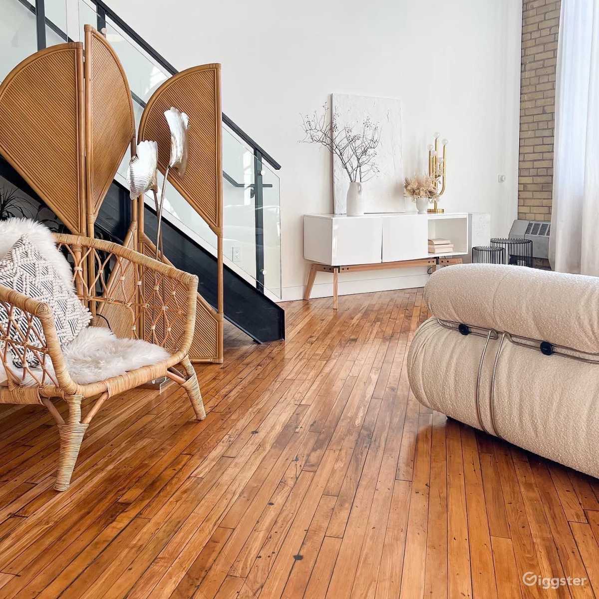 A spacious living area featuring a wicker chair, a wooden staircase, and a white sideboard with decorative elements against a backdrop of natural wood flooring.