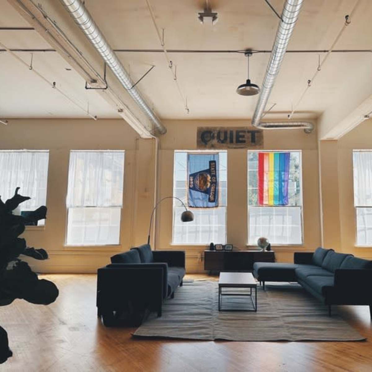 A spacious, minimalist living room features dark furniture, large windows, and a rainbow flag hanging alongside another flag on the walls.