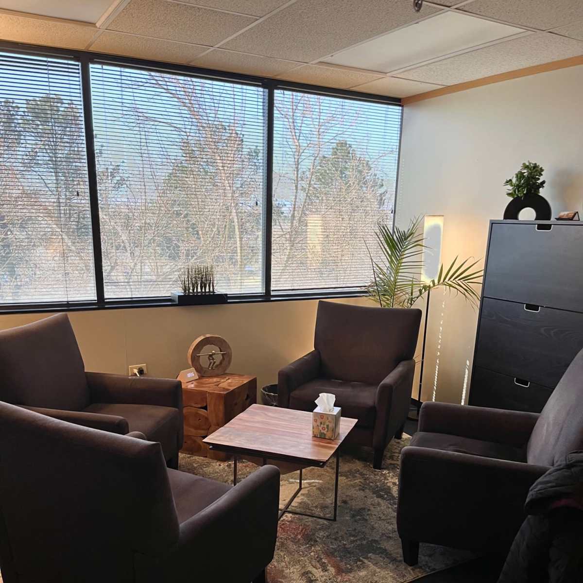 A small, furnished office with two armchairs, a coffee table, and a storage cabinet, all set near large windows offering a view of trees outside.