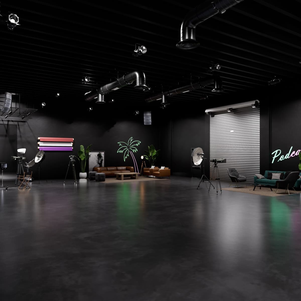 A spacious indoor podcast studio features a polished floor, dark walls, seating areas, large lights, and a neon sign.
