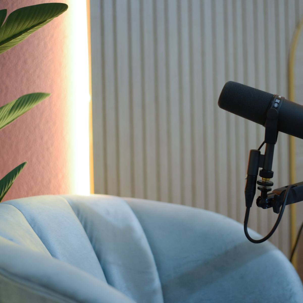 A microphone is positioned near a plush, light blue chair with a decorative background of vertical lines and foliage.