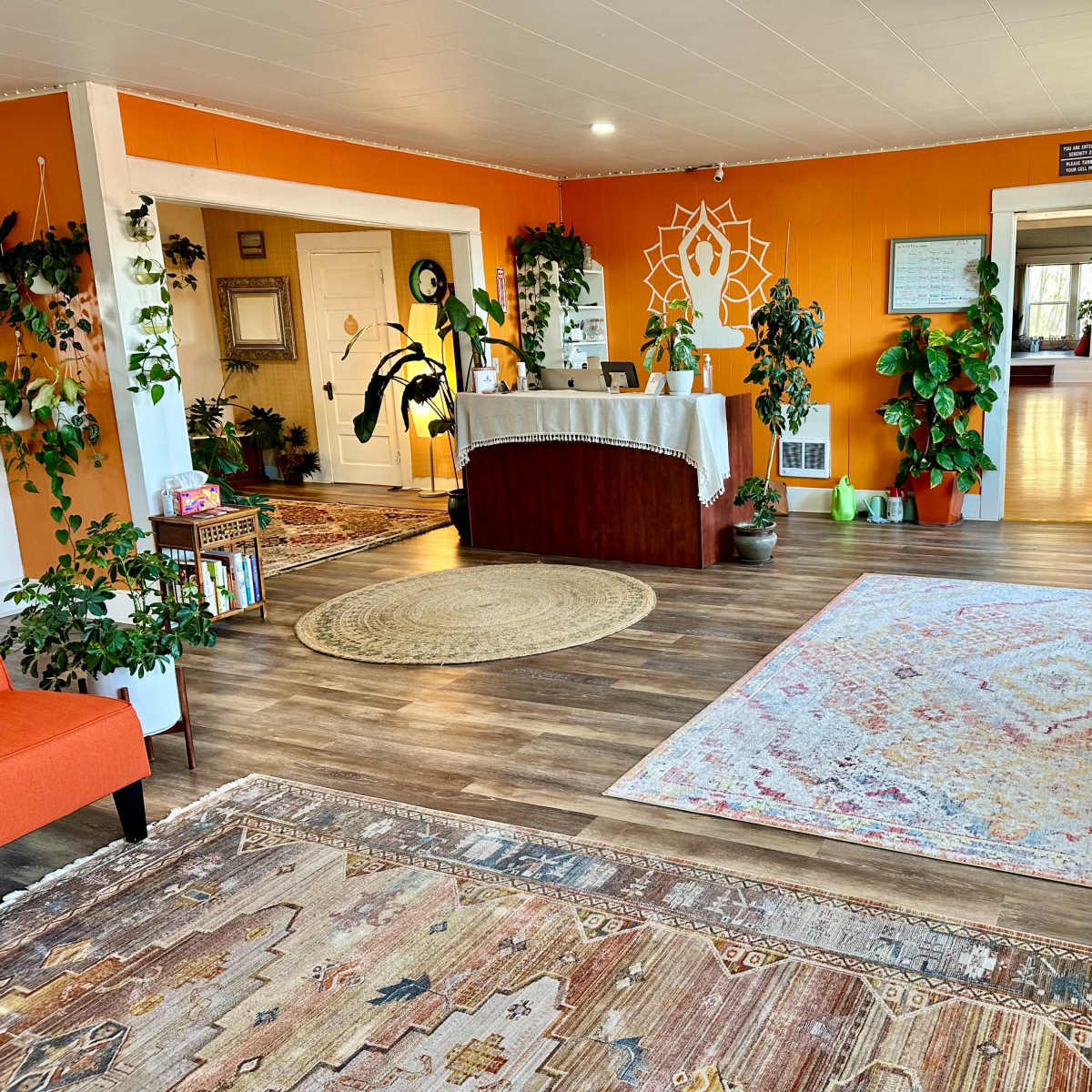 A brightly lit interior space featuring a reception area with a wooden desk, vibrant orange walls, various plants, and a mix of rugs on the floor.