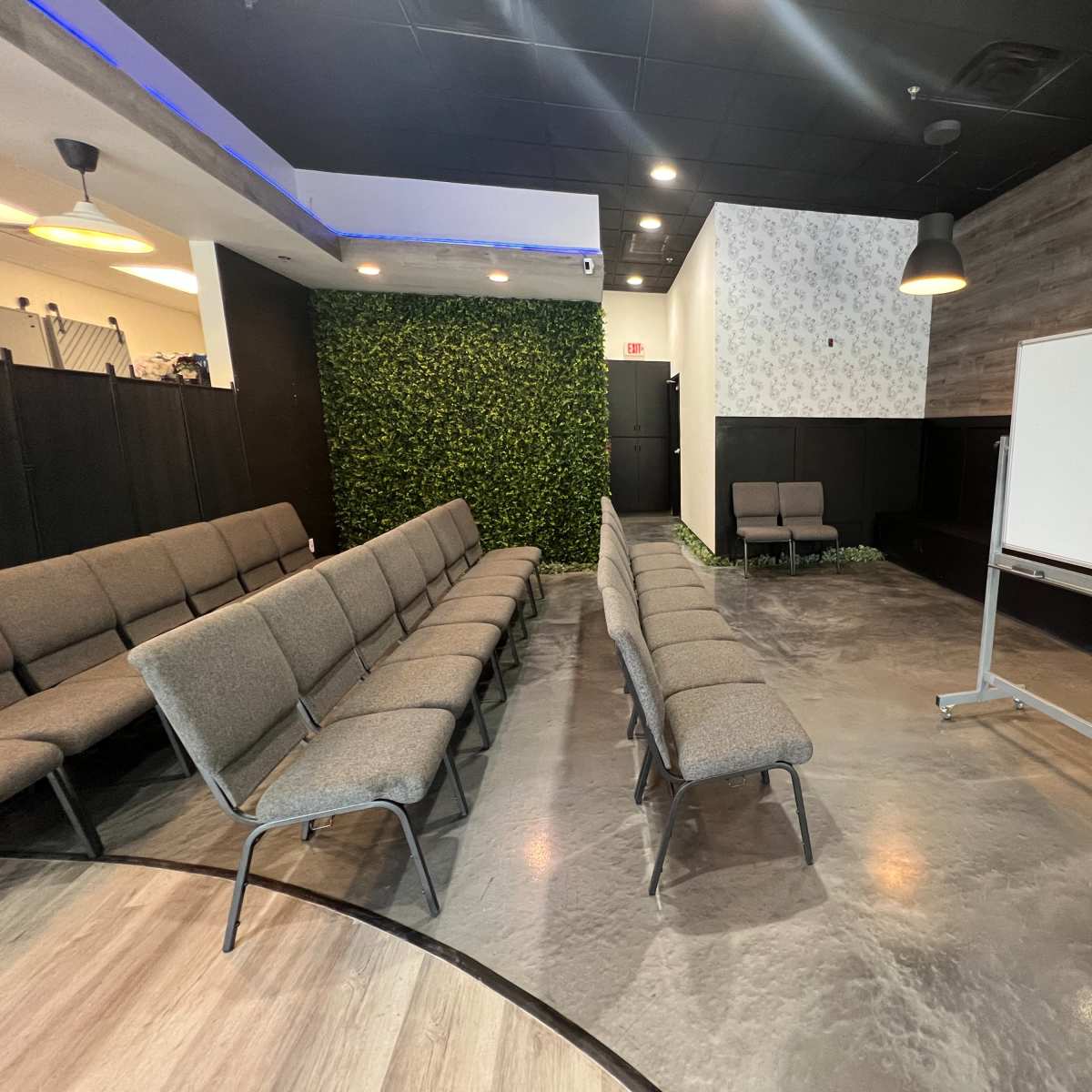 A modern meeting space with rows of gray chairs facing a whiteboard, accented by greenery and decorative walls.
