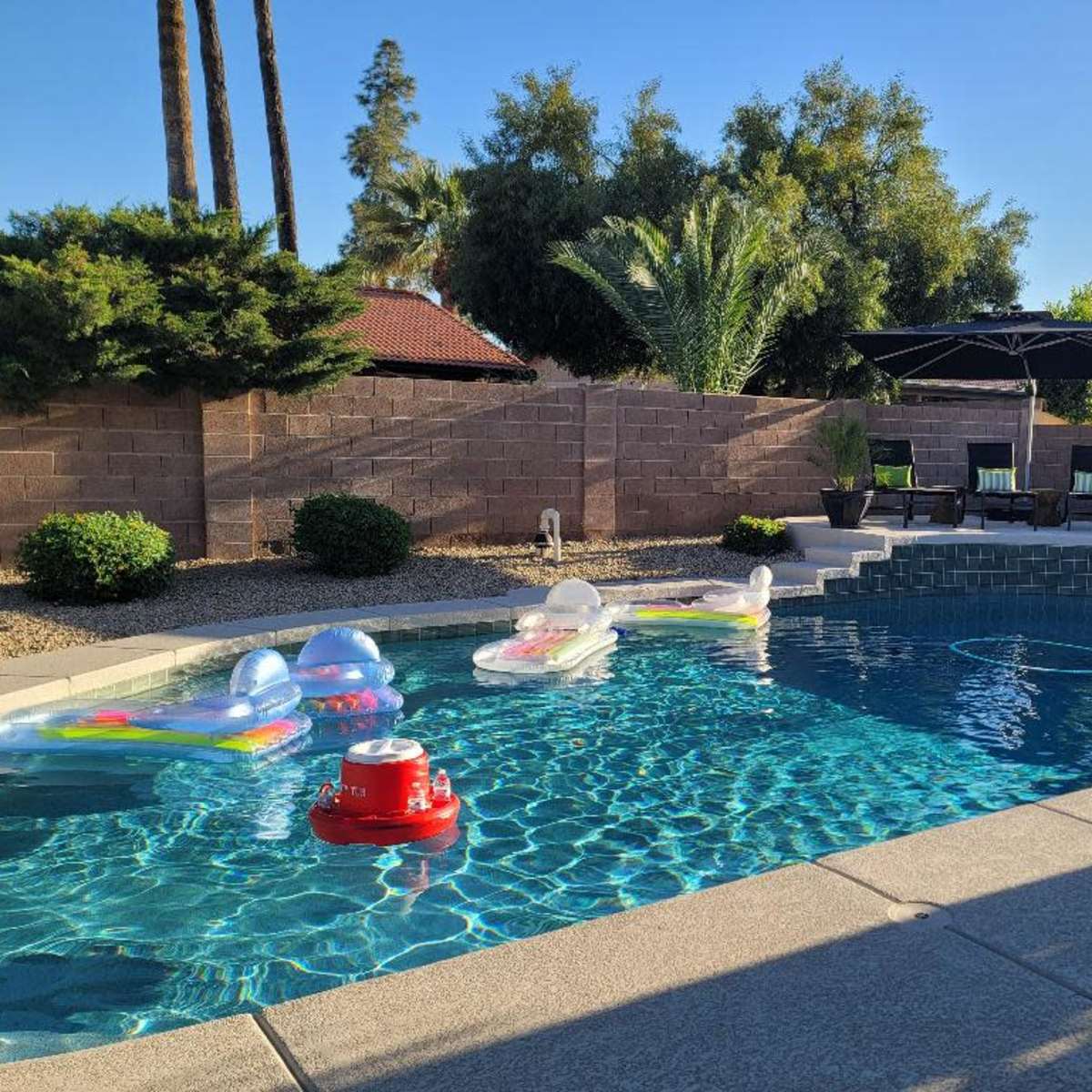 A backyard swimming pool with inflatable floats, surrounded by palm trees and a shaded seating area.