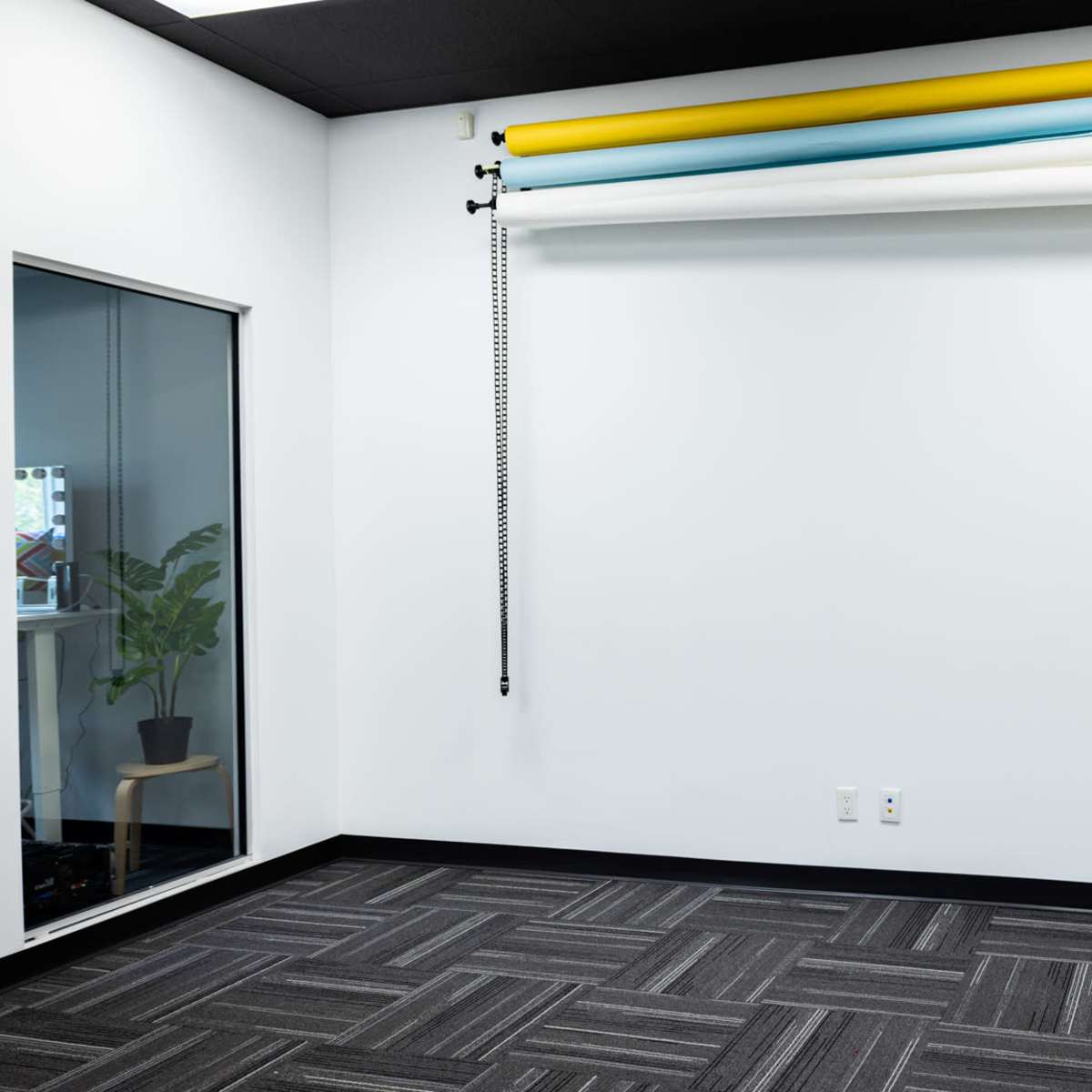 A sparsely furnished room with a white wall featuring rolls of colored backdrop paper mounted above, and a large window revealing a plant in the adjacent space.