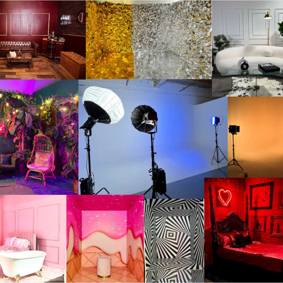 A collage of various photography and film studio backdrops, featuring different textures, colors, and settings for creative shoots.