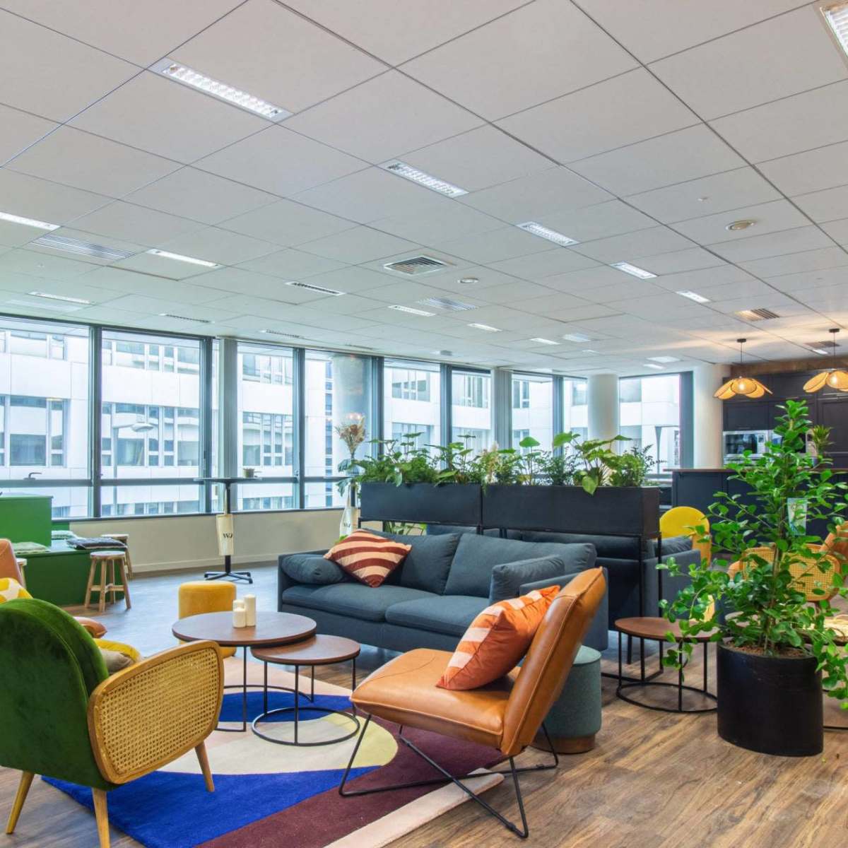 A modern office lounge area with comfortable seating, green plants, and large windows allowing natural light.