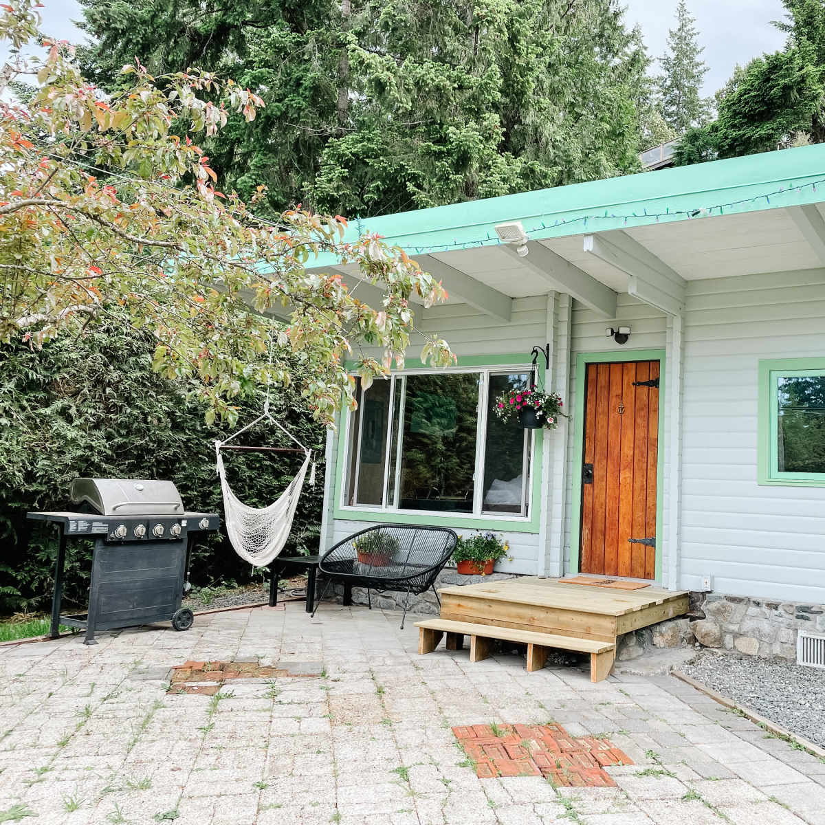 A rustic house with a wooden door, a patio area featuring a grill and a hammock, surrounded by green trees.
