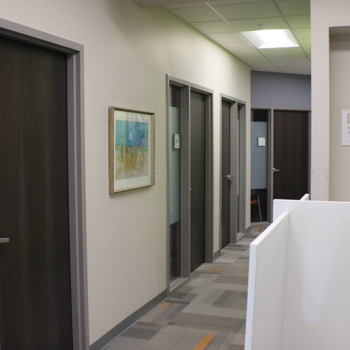 A corridor with several closed office doors and a framed painting on the wall.