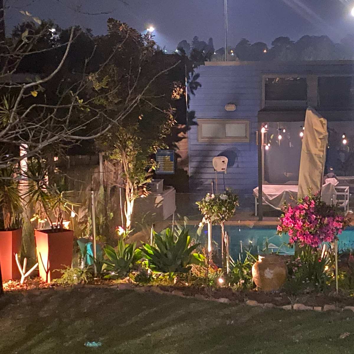 A backyard scene at night features a well-lit pool area surrounded by potted plants and a modern blue house.