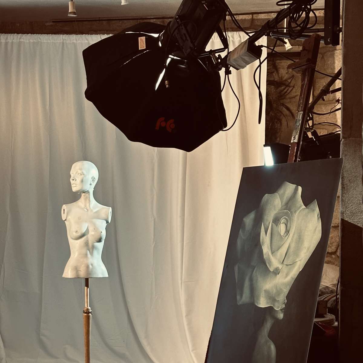 A white mannequin is positioned on a wooden pedestal in front of a backdrop, with a spotlight shining above and a painted portrait of a white rose on an easel nearby.