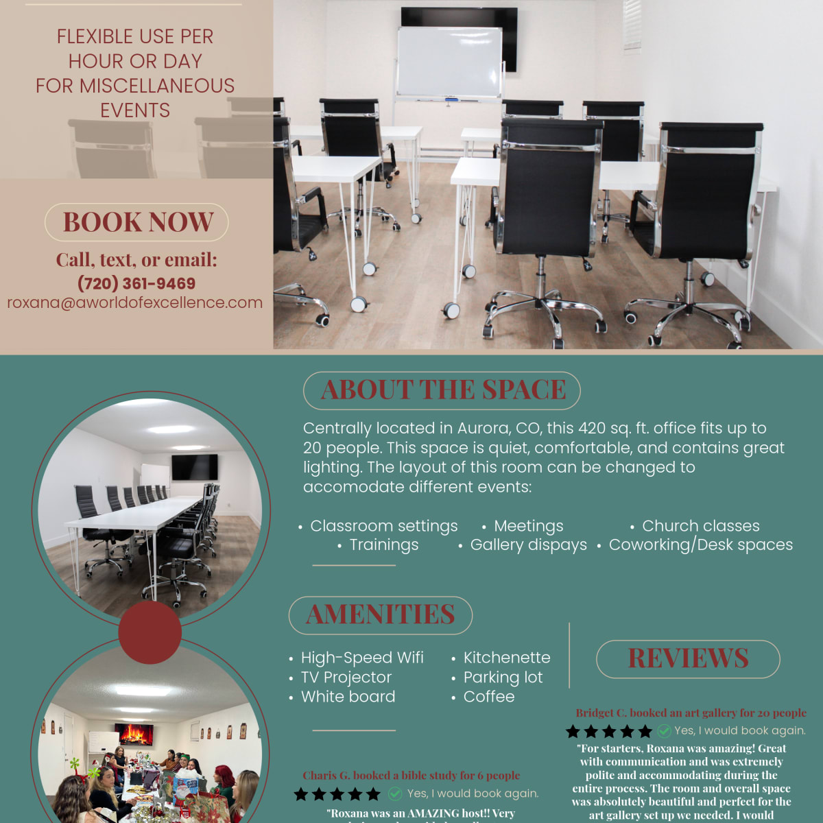 A well-organized meeting room with multiple white chairs arranged around tables, equipped with a projector and a kitchenette area.