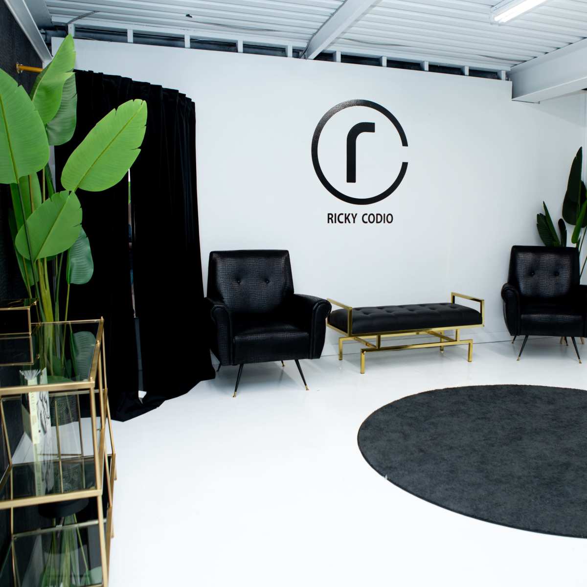 A modern interior space featuring two black chairs, a round black rug, a gold accent table, and large potted plants against a white wall with a logo that reads "RICKY CODIO."