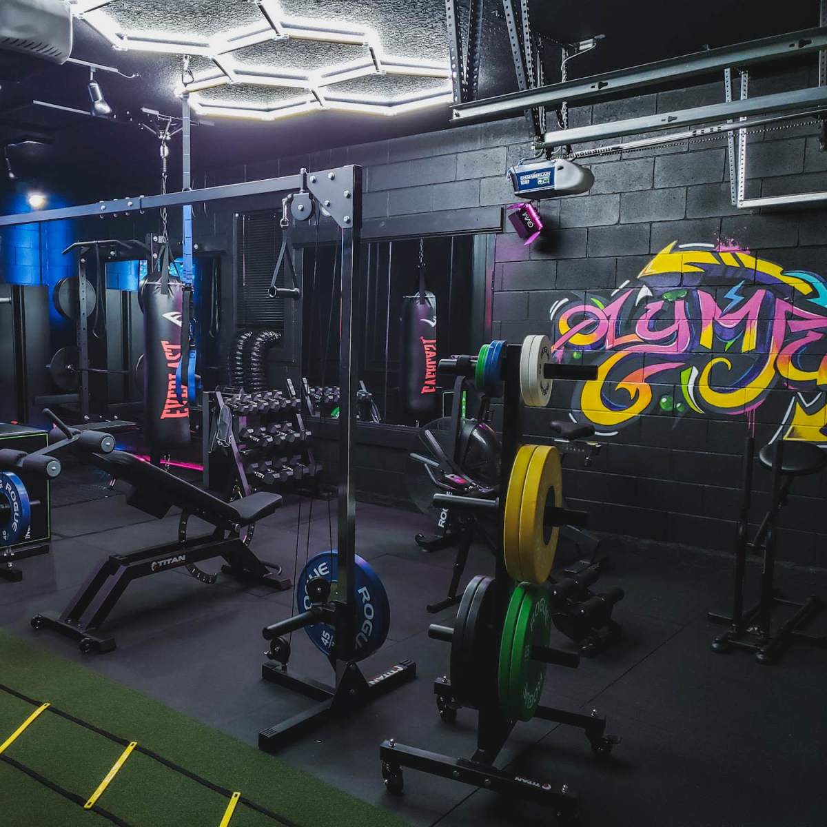 A modern gym interior equipped with various weightlifting machines, free weights, and a colorful neon sign on the wall.