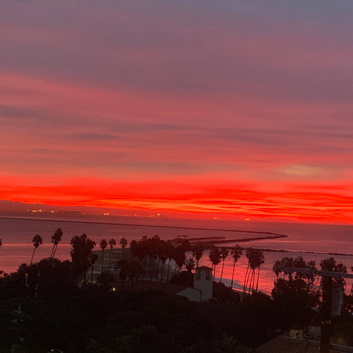 A vibrant sunset over the ocean, with a pier extending into the water and palm trees lining the shore.