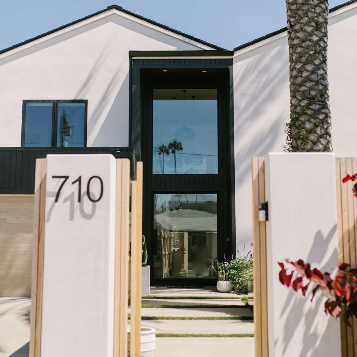 A modern house entrance with a tall black-framed glass door, surrounded by light-colored walls and decorative landscaping.