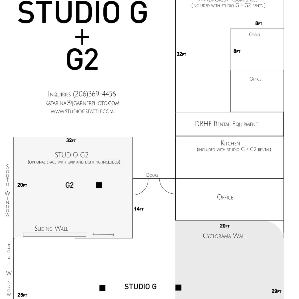 A floor plan of a studio space labeled "STUDIO G" and "STUDIO G2," detailing dimensions and room layouts, including an office, kitchen, and equipment areas.