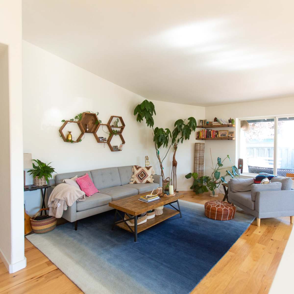 A bright living room featuring a gray sofa, a wooden coffee table, and several plants, with a large window providing natural light.