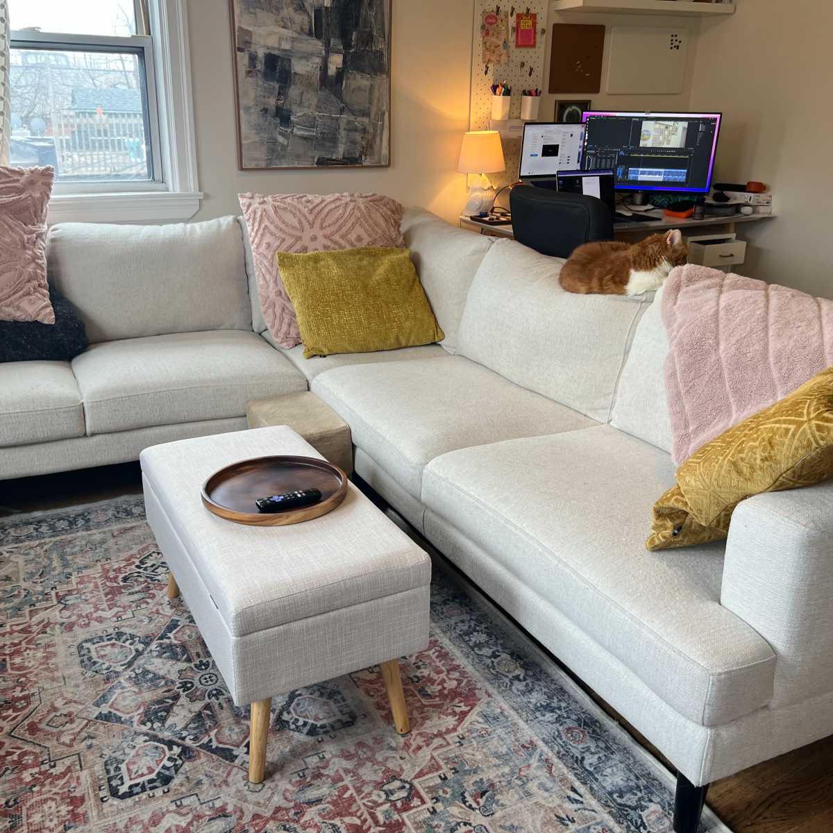 A light-colored sectional sofa with various cushions sits in a living room, accompanied by a wooden coffee table and a cat resting on the back of the sofa.
