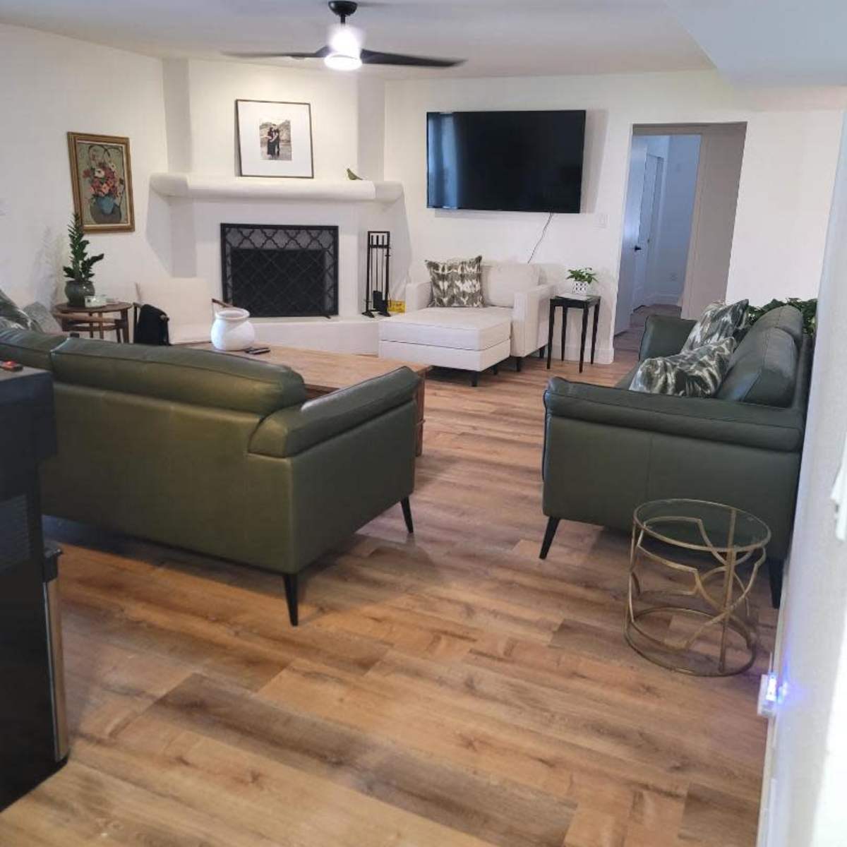 The living room features two green sofas, a coffee table, a television mounted on the wall, and wooden flooring.