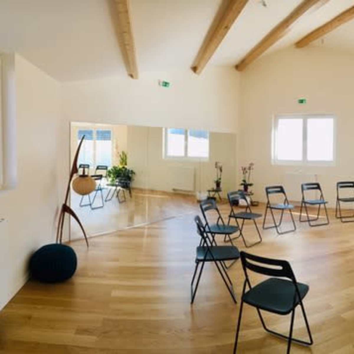 A circular arrangement of black chairs is set up in a bright, wooden-floored room with large windows and plants.