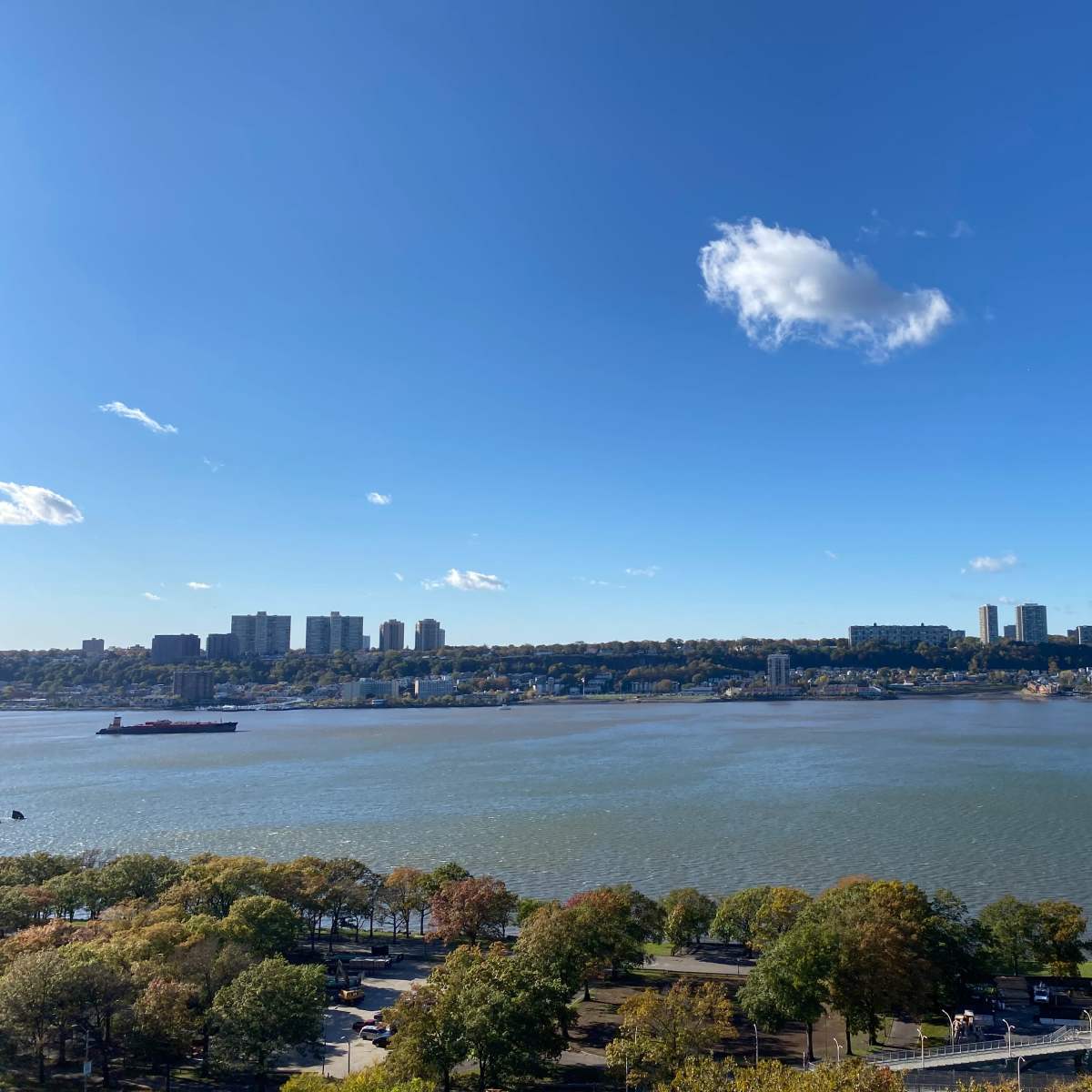 A wide view of a river bordered by trees and buildings under a clear blue sky.