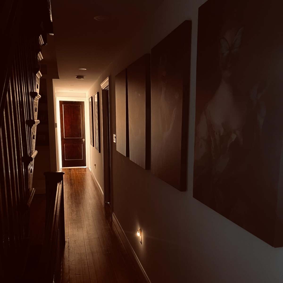 A narrow hallway features wooden floors and walls adorned with framed artwork, leading to a door at the far end.