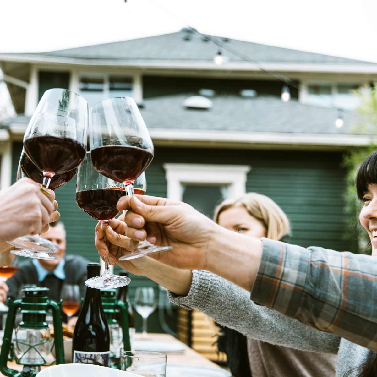 A group of people clinks their wine glasses together at an outdoor gathering near a green house.