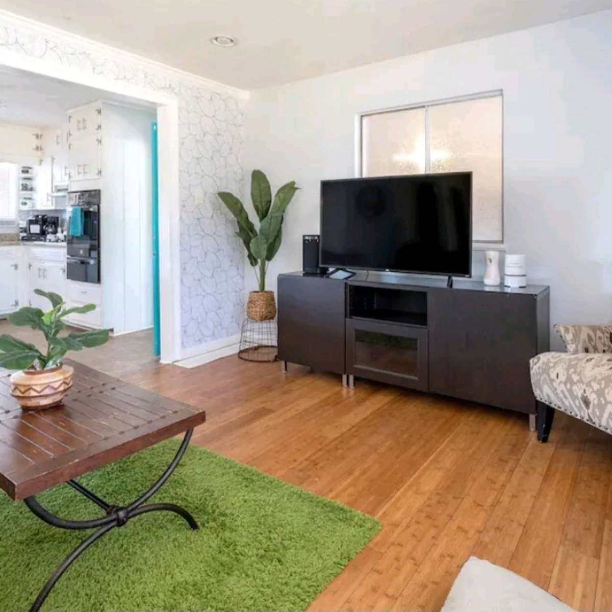 The room features a living area with a green rug, a wooden coffee table, a television stand, and a kitchen visible in the background.