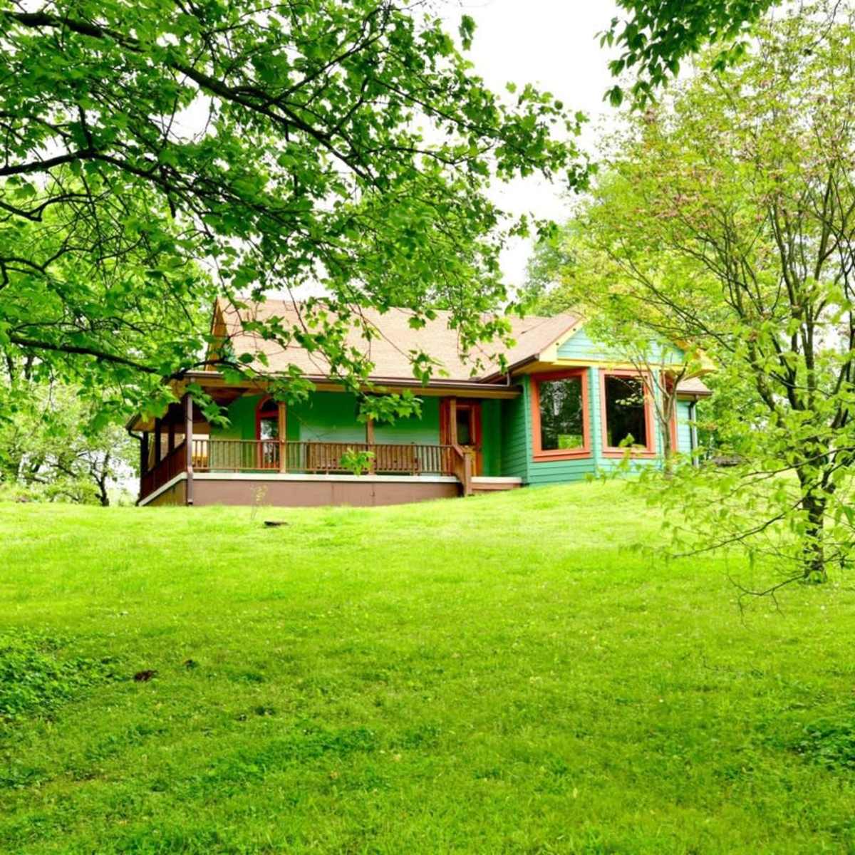 A green house with a wooden porch is surrounded by lush greenery and trees.