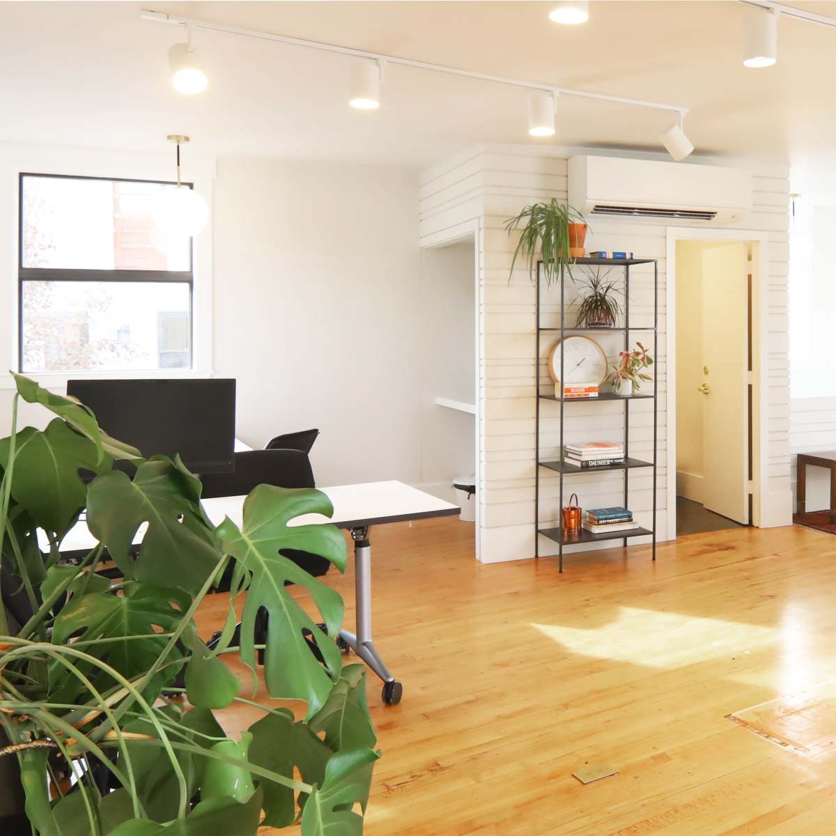 A bright, open office space with wooden floors, multiple workstations, and a small shelf filled with plants and decor.