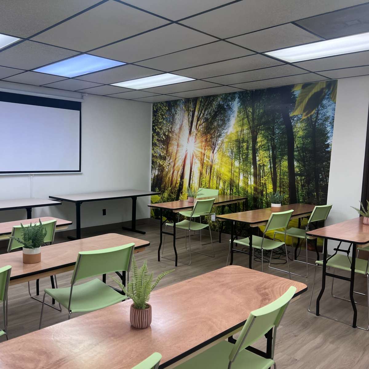 A classroom with several tables and chairs arranged facing a screen, alongside a wall featuring a forest scene.