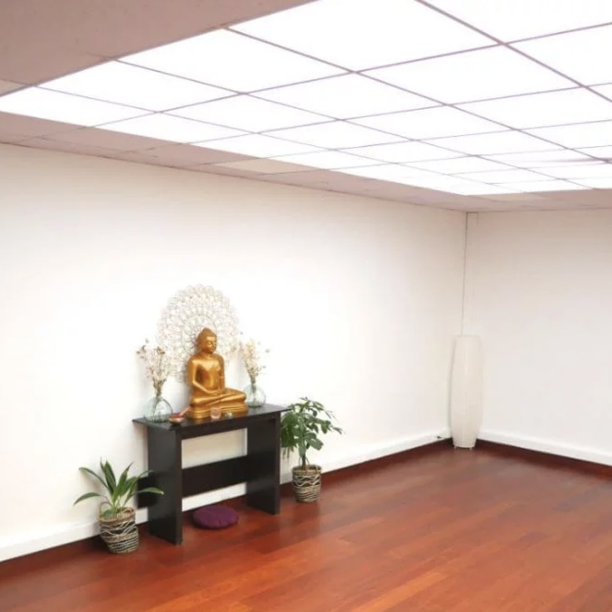 A spacious room with wooden flooring, a statue of Buddha on a black table, and a large skylight providing natural light.