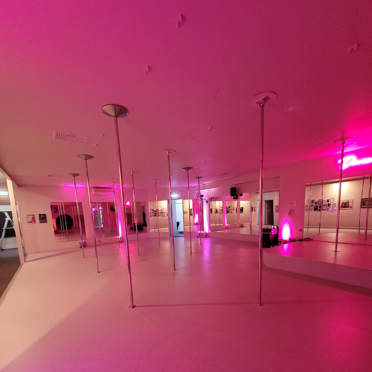 A spacious dance studio with multiple poles and soft pink lighting.