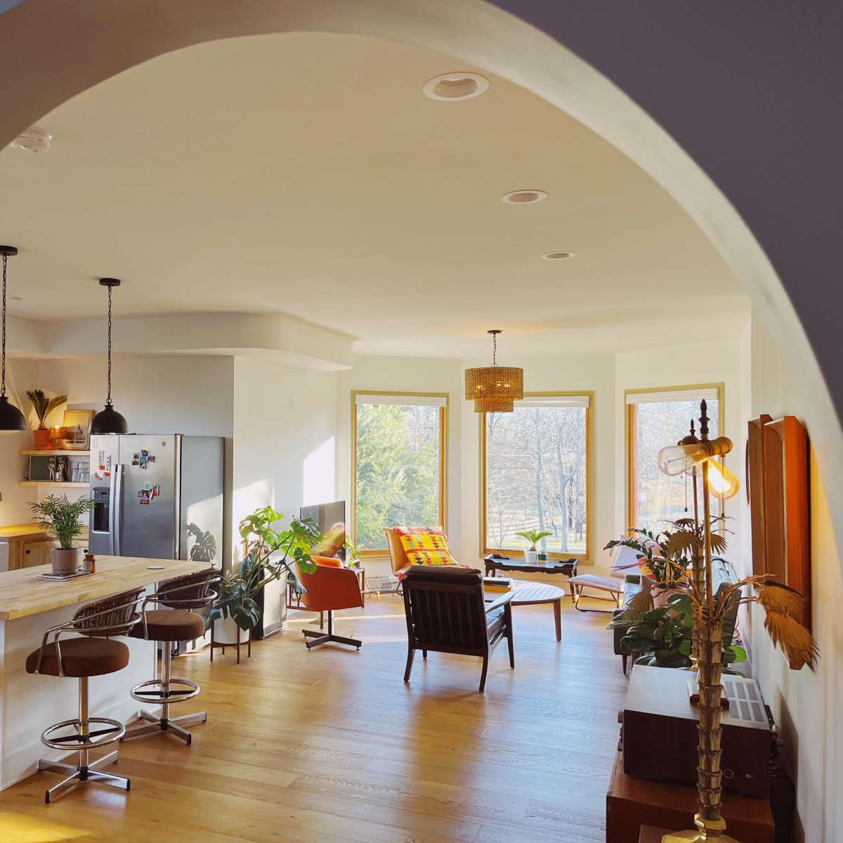A bright, open-concept living area and kitchen with large windows, modern furniture, and plants.