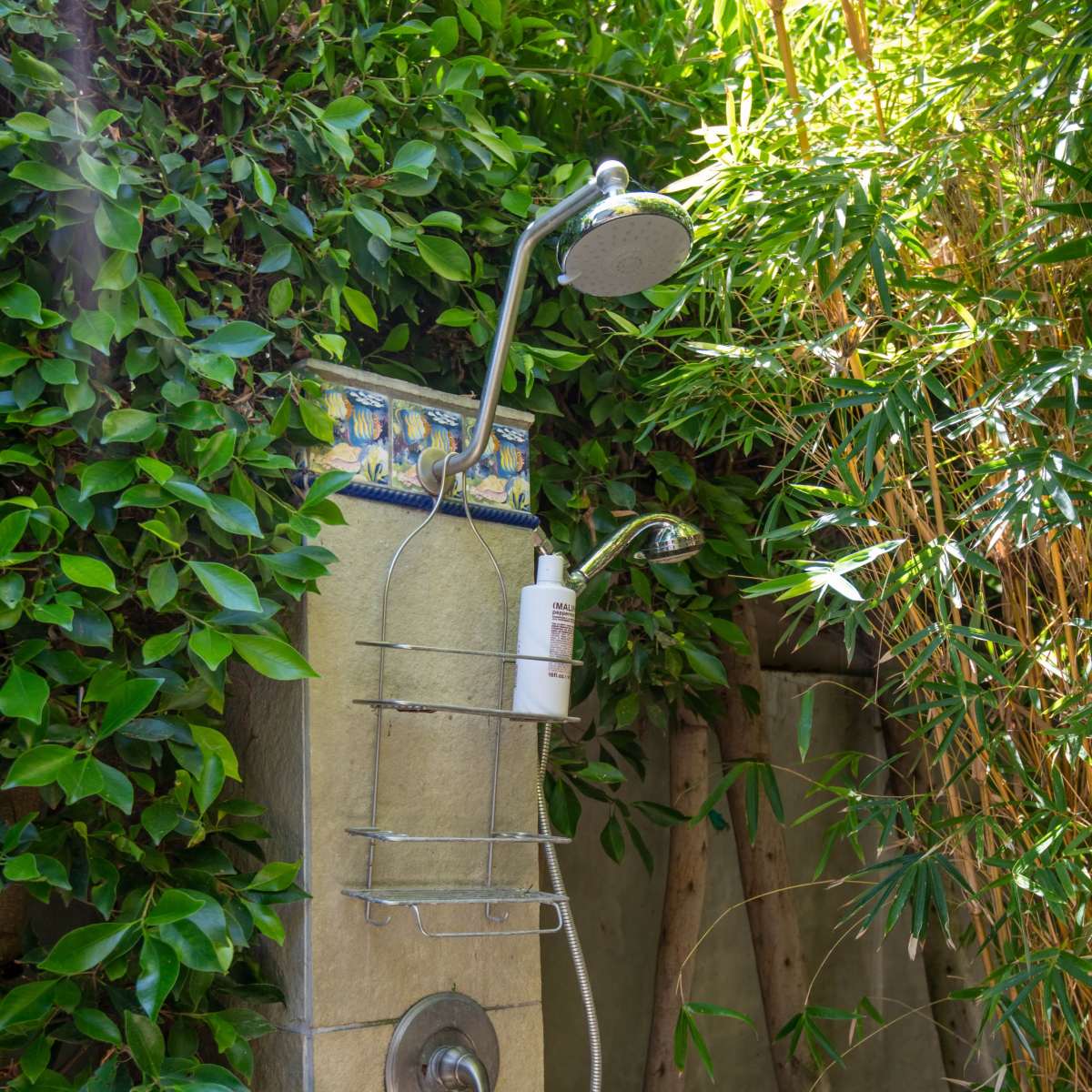 An outdoor shower is positioned against a greenery-covered wall, surrounded by bamboo and leafy plants.