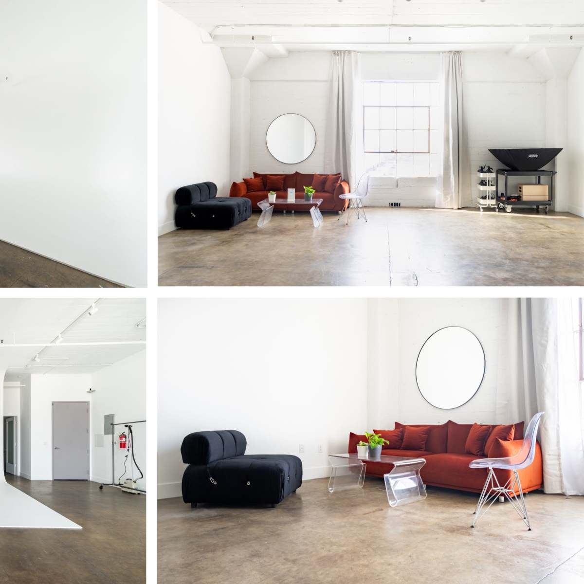 A bright, spacious studio with white walls, a large window, and two seating areas featuring couches and a coffee table.