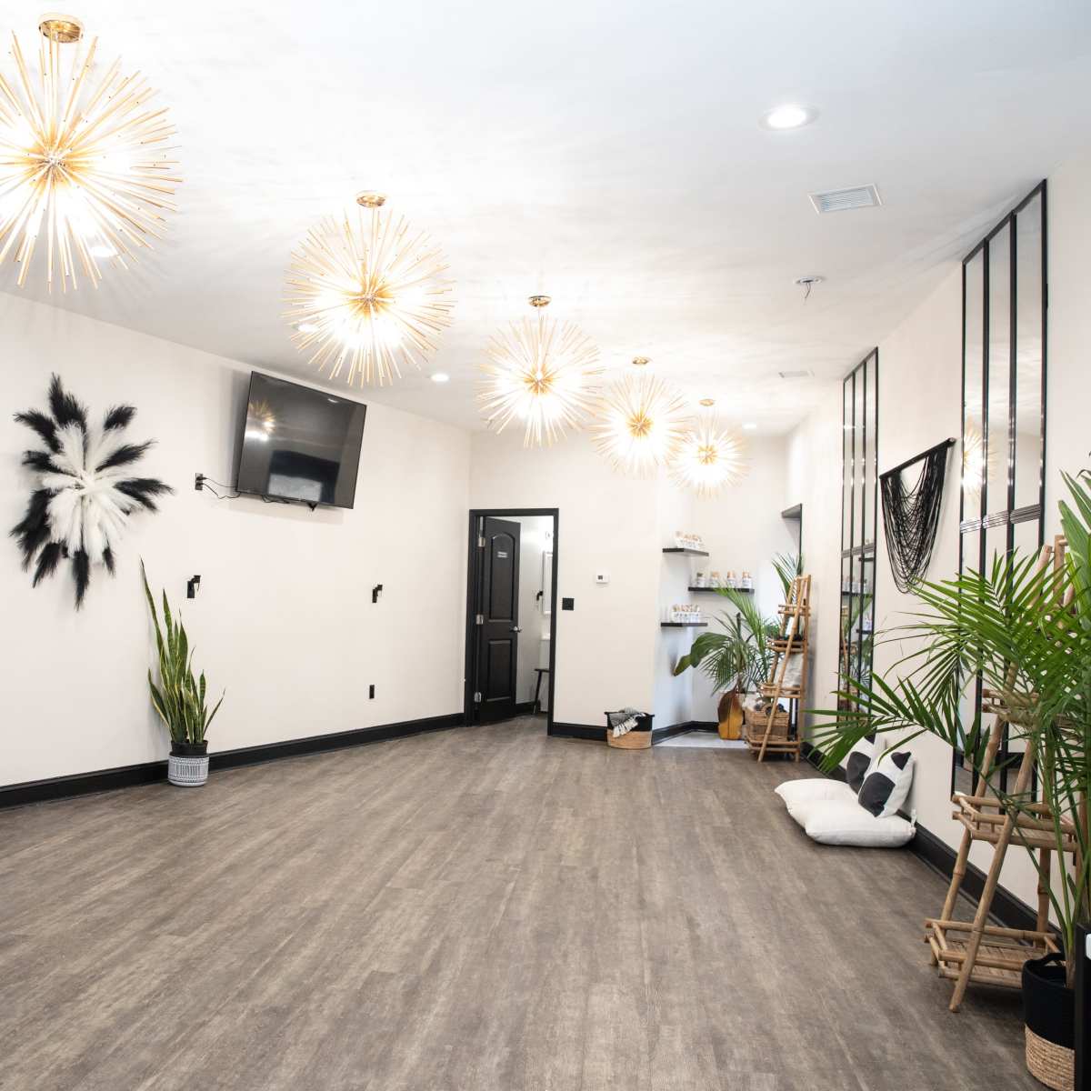 A spacious, well-lit room featuring modern light fixtures, two televisions on the walls, decorative plants, and a minimalist design.