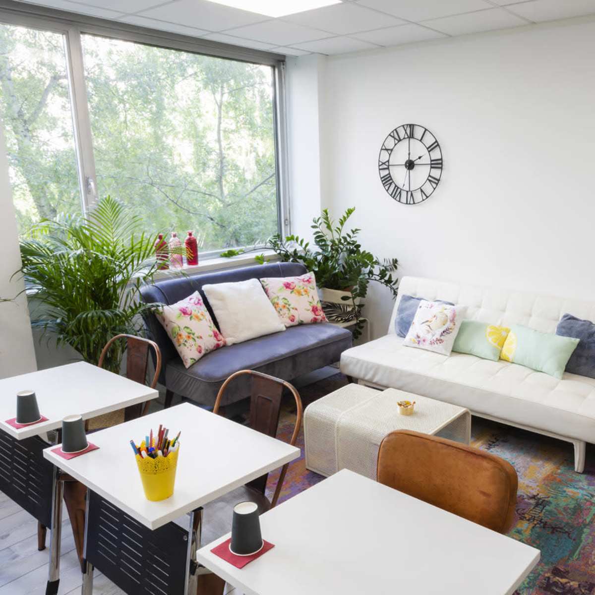 A bright, modern lounge area with two sofas, a coffee table, potted plants, and a wall clock.