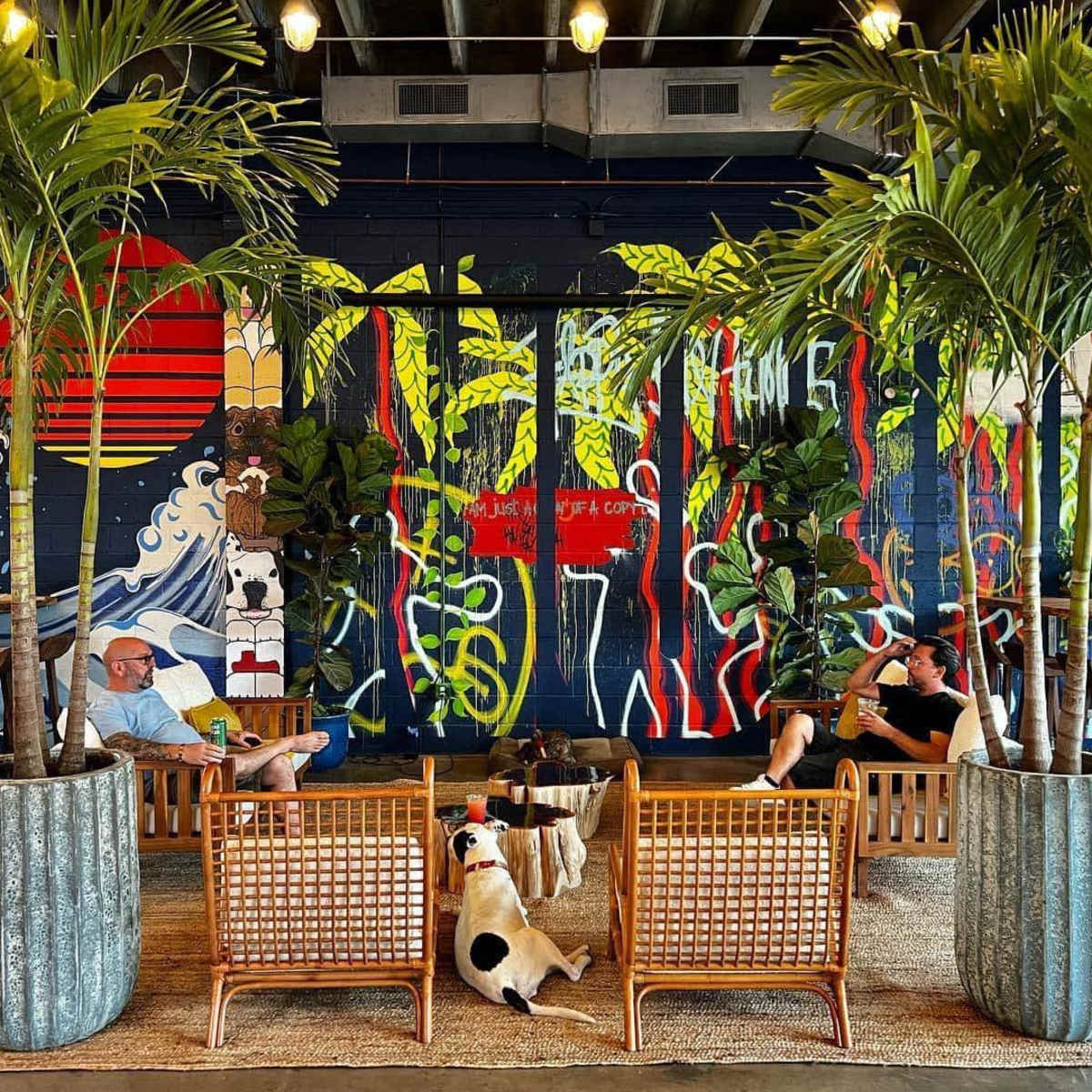 Two people sit in a modern café surrounded by large potted palm trees and a colorful mural on the wall, with a dog resting on the floor between them.