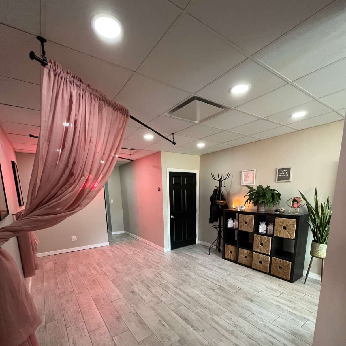 A spacious, well-lit hallway featuring a pink curtain, a black door, a shelf unit with decorative boxes, and potted plants.