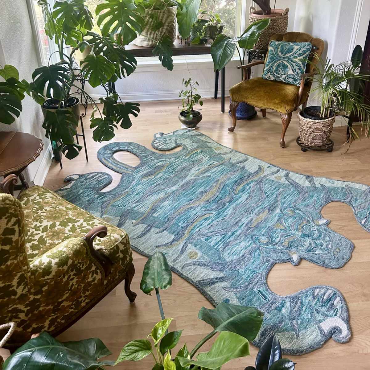 A sunlit corner of a room features various indoor plants, a patterned rug, and two chairs, creating a vibrant and inviting space.