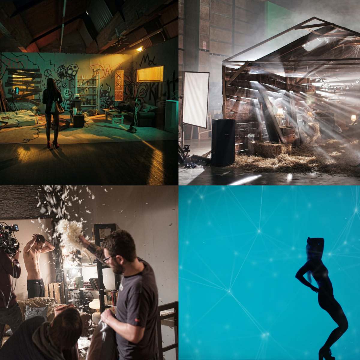 Four different scenes: an artist performing in a graffiti-decorated room, a structured set with atmospheric lighting, a film crew working with special effects, and a silhouette of a model against a blue backdrop.