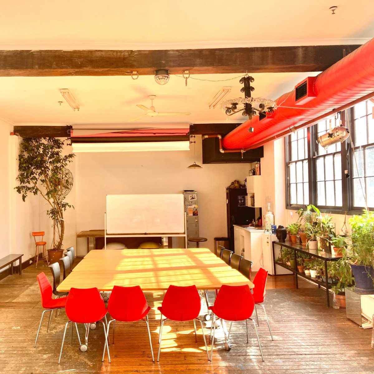 A large meeting room features a wooden table surrounded by red and white chairs, with plants and a whiteboard against the walls.