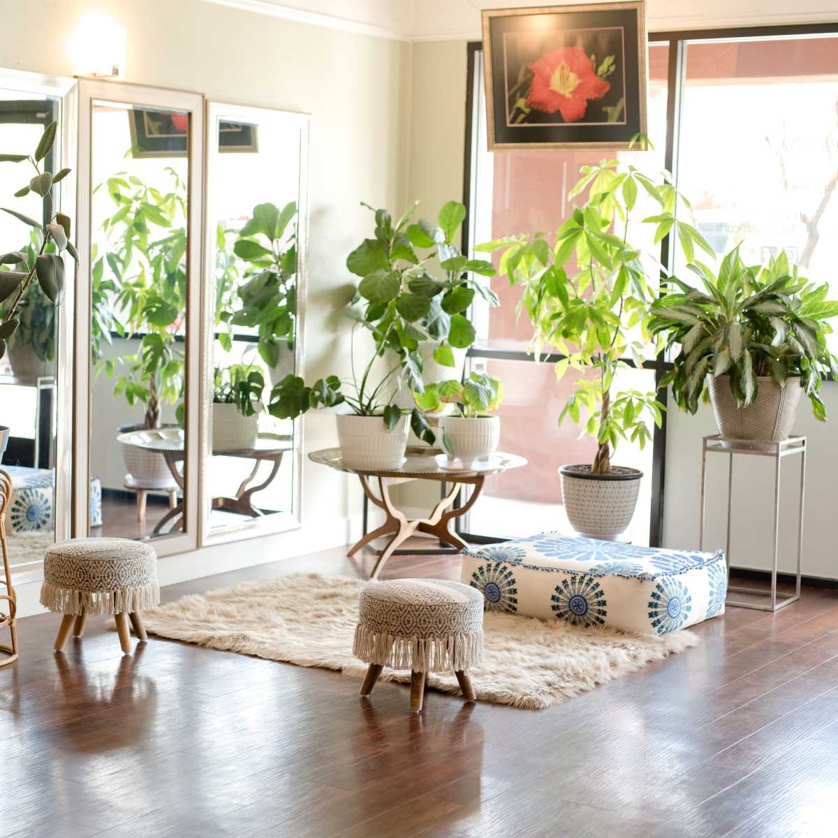 A bright room with large windows, plants, a round table, two small stools, and a decorative rug on a wooden floor.
