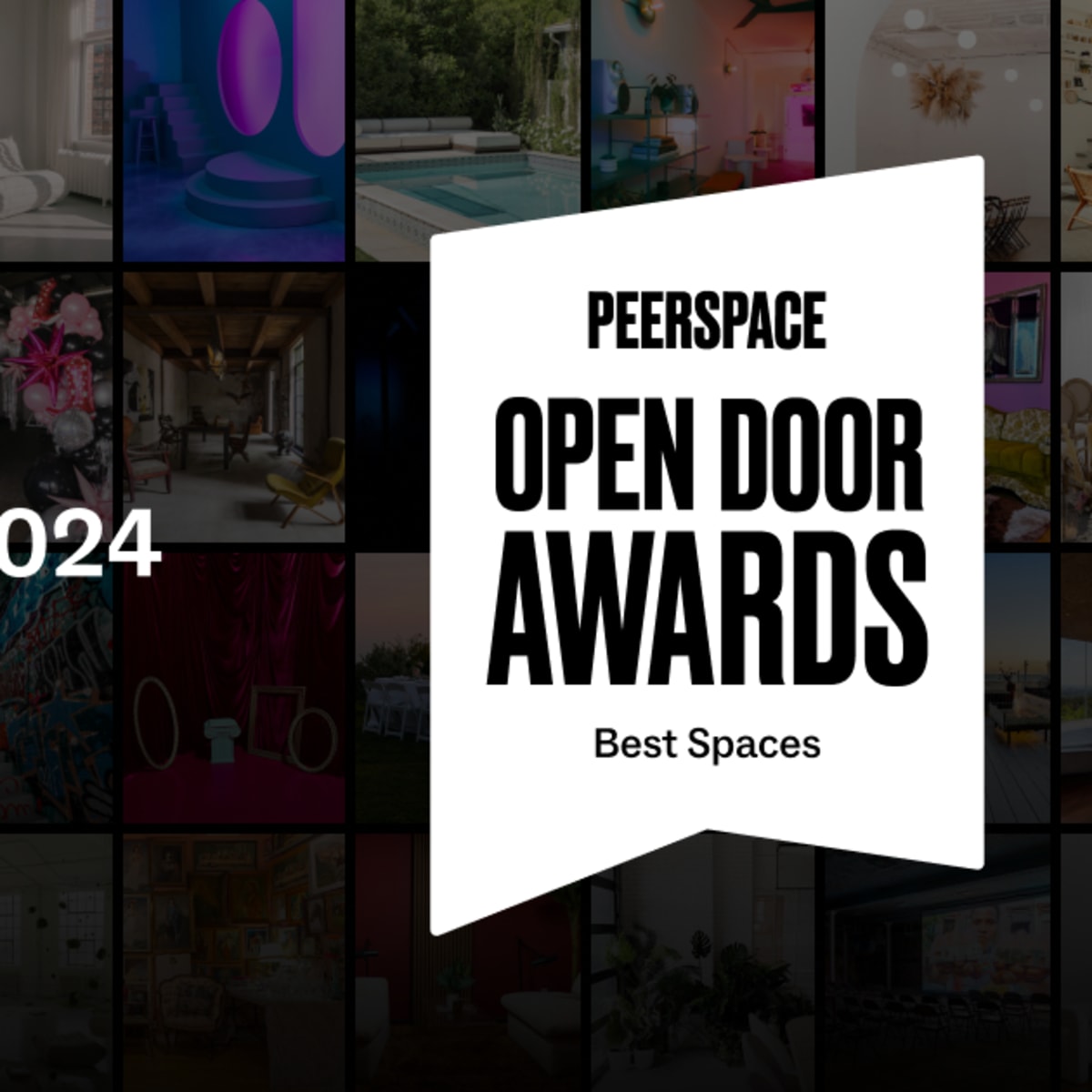 A grid of various interior and exterior spaces alongside a central badge announcing the "2024 Peerspace Open Door Awards Winner" for "Best Spaces."