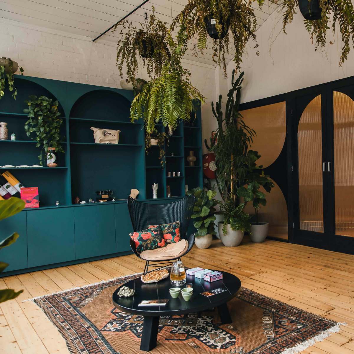A modern interior features a wooden floor, a green shelving unit, a round coffee table, potted plants, and sliding doors with opaque panels.